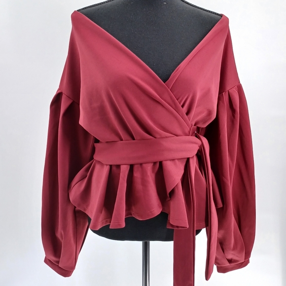 Lantern Sleeve Belted Wrap Off the Shoulder Top - Picture 3 of 8
